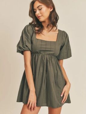 American Threads Olive Green Puff Sleeve Babydoll Dress